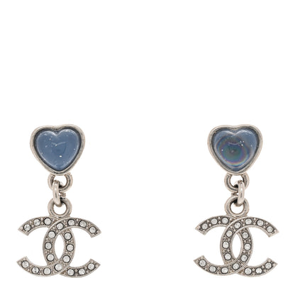 Chanel Crystal Resin CC Heart Drop Earrings Silver Blue 1 of 5