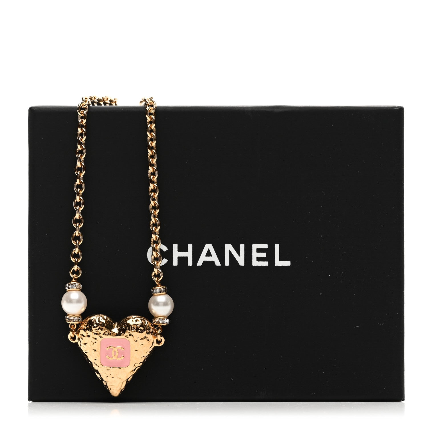 Chanel Resin Crystal Pearl Chain Heart CC Pendant Choker Necklace Pink White Gold 6 of 6