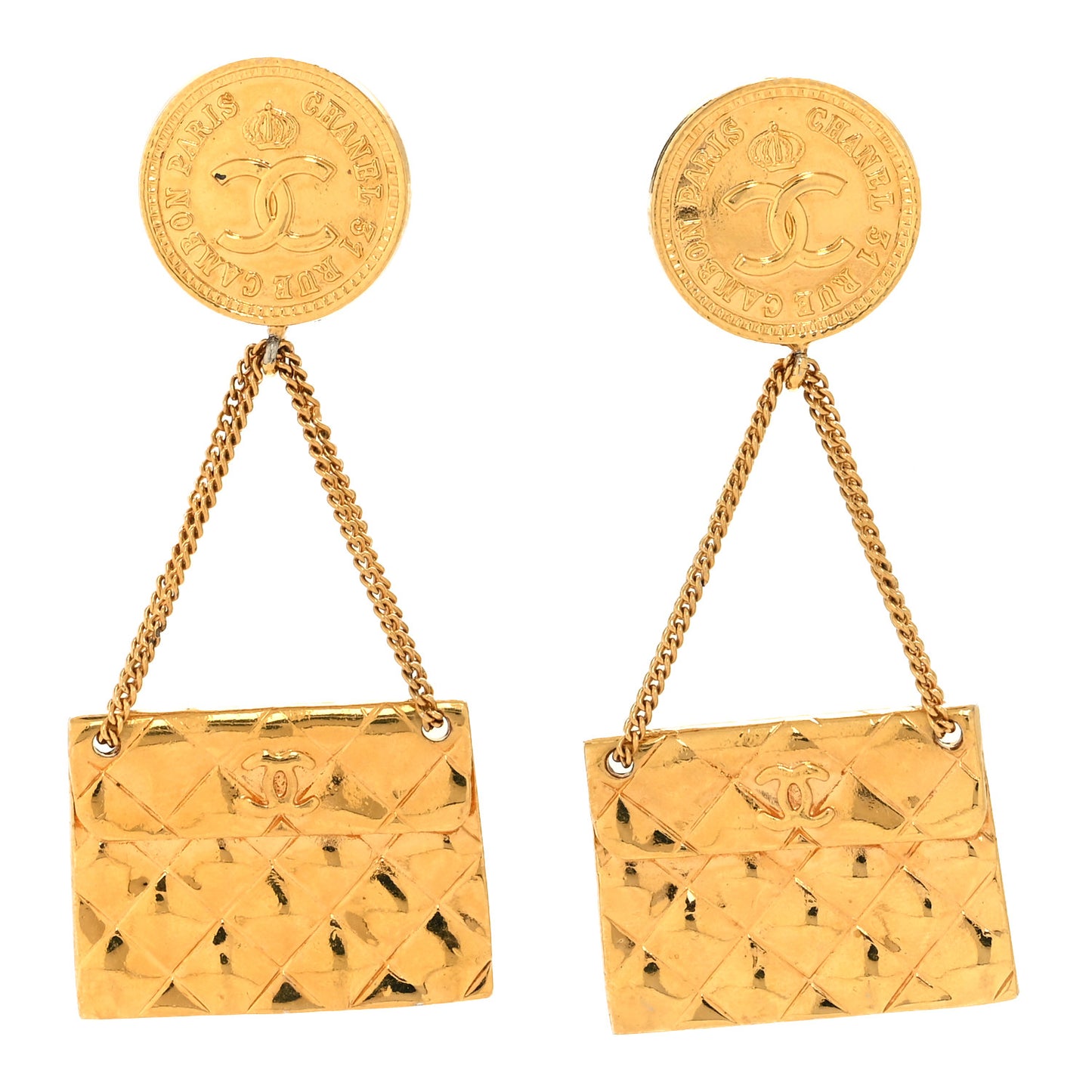CC Quilted Flap Bag Drop Clip On Earrings Gold