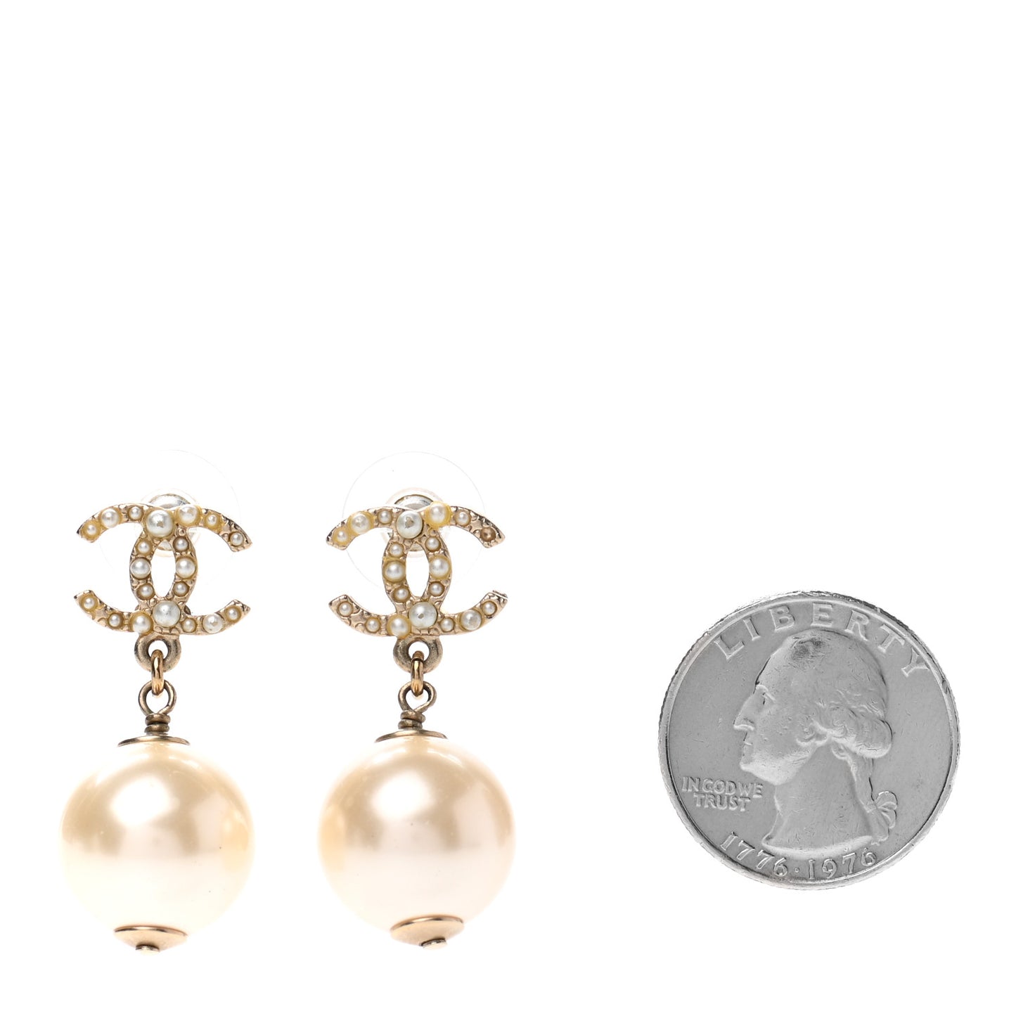 Pearl Crystal CC Charm Drop Earrings Light Gold