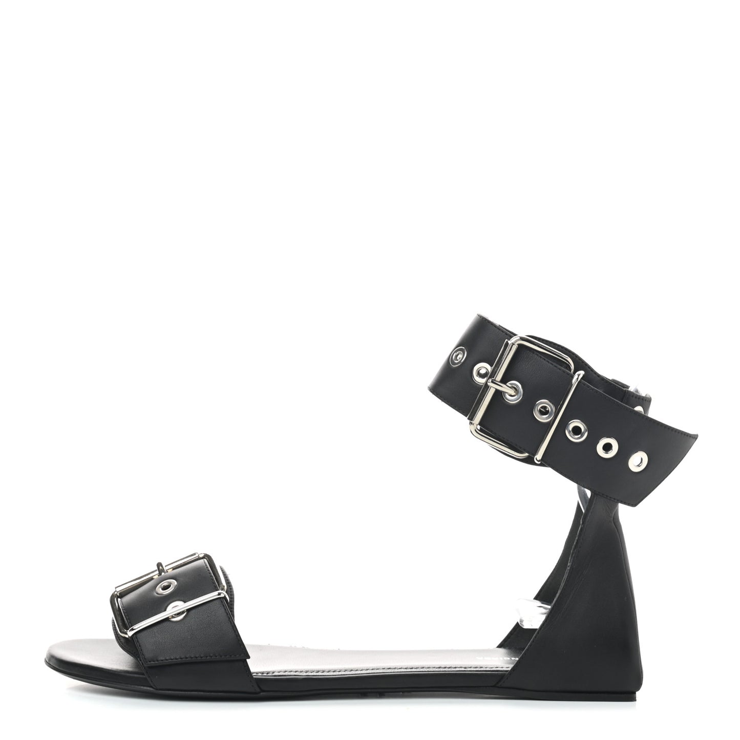 Shiny Calfskin Belt Flat Sandals 37 Black