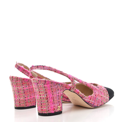 Chanel Tweed Grosgrain Cap Toe CC Slingback Pumps 39 Pink Black 4 of 11