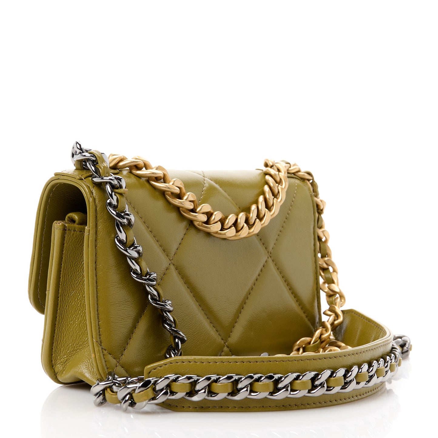 Lambskin Quilted Chanel 19 Flap Phone Holder With Chain Green