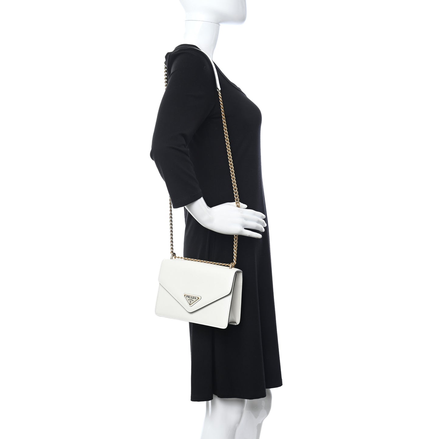 Saffiano Soft Calfskin Metal Triangle Logo Envelope Chain Shoulder Bag White