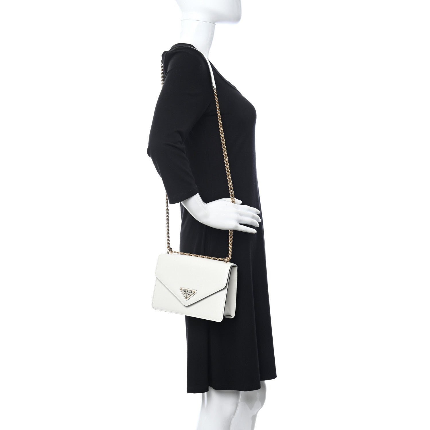 Prada Saffiano Soft Calfskin Metal Triangle Logo Envelope Chain Shoulder Bag White 2 of 9