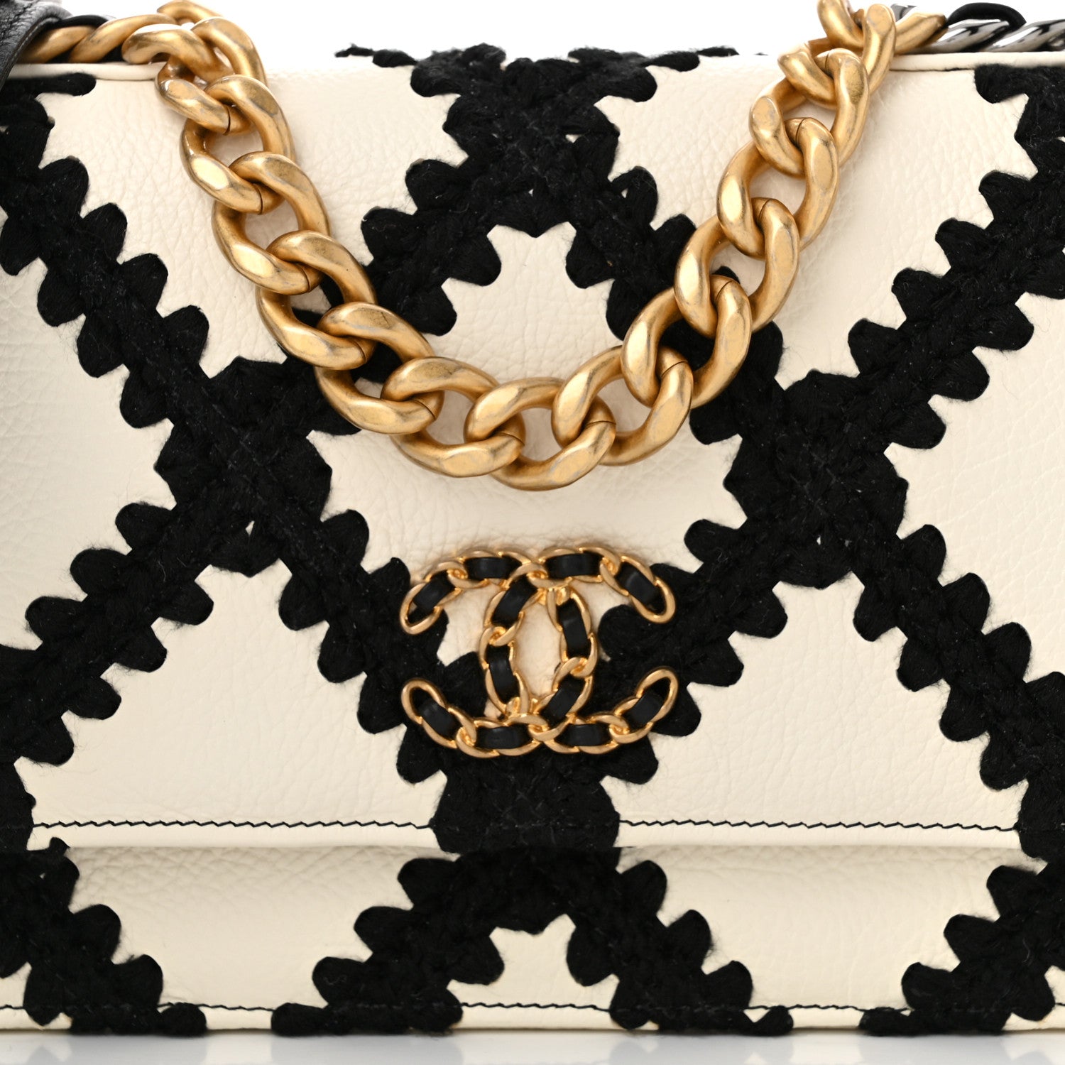 Chanel Calfskin Crochet Chanel 19 Wallet On Chain WOC White Black