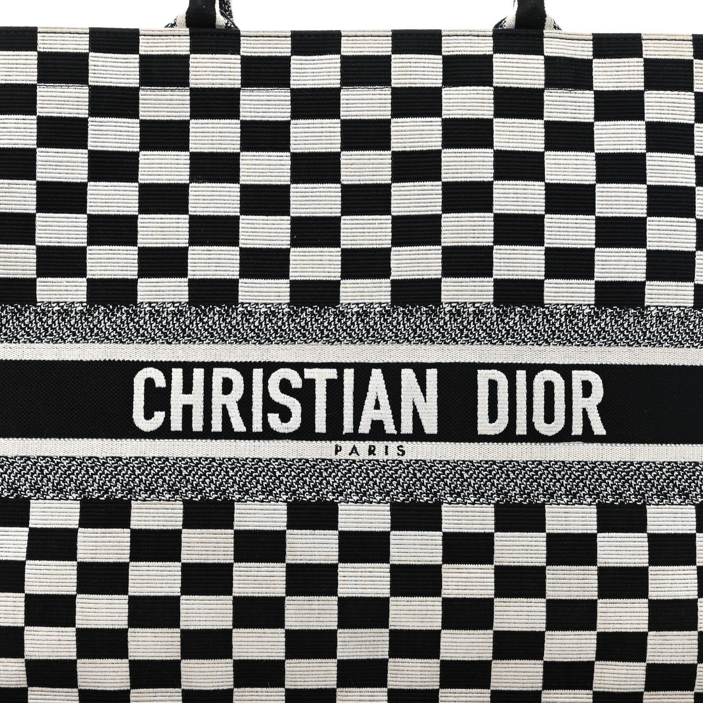 Canvas Embroidered Checkered Book Tote Black White