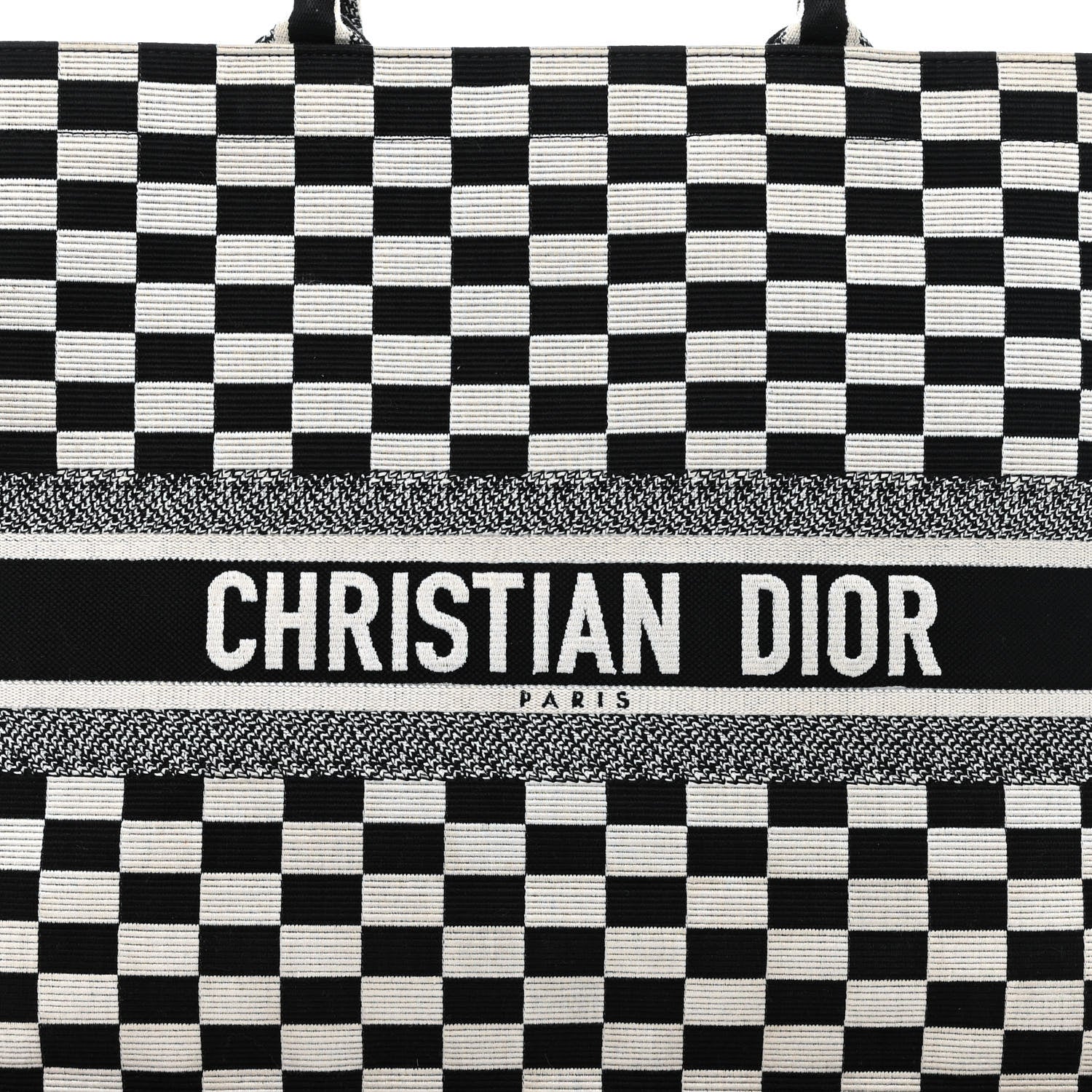 Christian Dior Canvas Embroidered Checkered Book Tote Black White 8 of 11