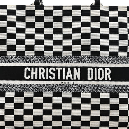 Christian Dior Canvas Embroidered Checkered Book Tote Black White 8 of 11