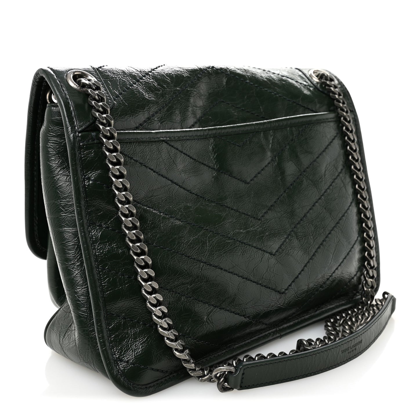 Crinkled Calfskin Matelasse Monogram Medium Niki Chain Satchel Vert Fonce