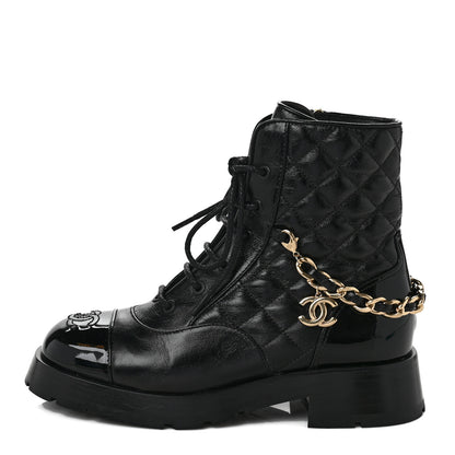Chanel Shiny Calfskin Patent Quilted Chain Lace Up Combat Boots 36.5 Black 1 of 10