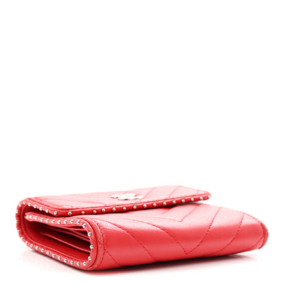 Chanel Lambskin Chevron Quilted Studded Compact Flap Wallet Red 4 of 8