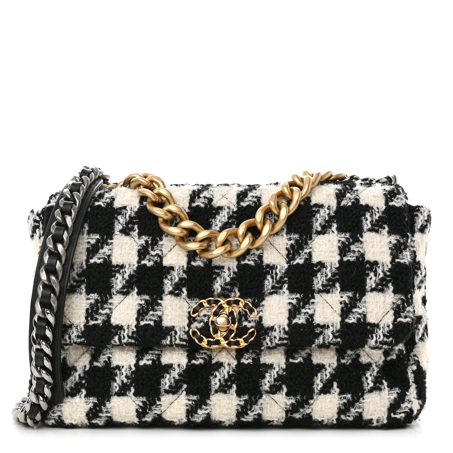 Chanel Tweed Quilted Large Chanel 19 Flap Black Ecru White 1 of 11