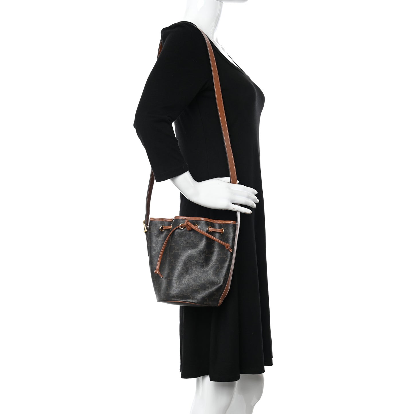 Triomphe Canvas Calfskin Small Drawstring Bucket Bag Tan