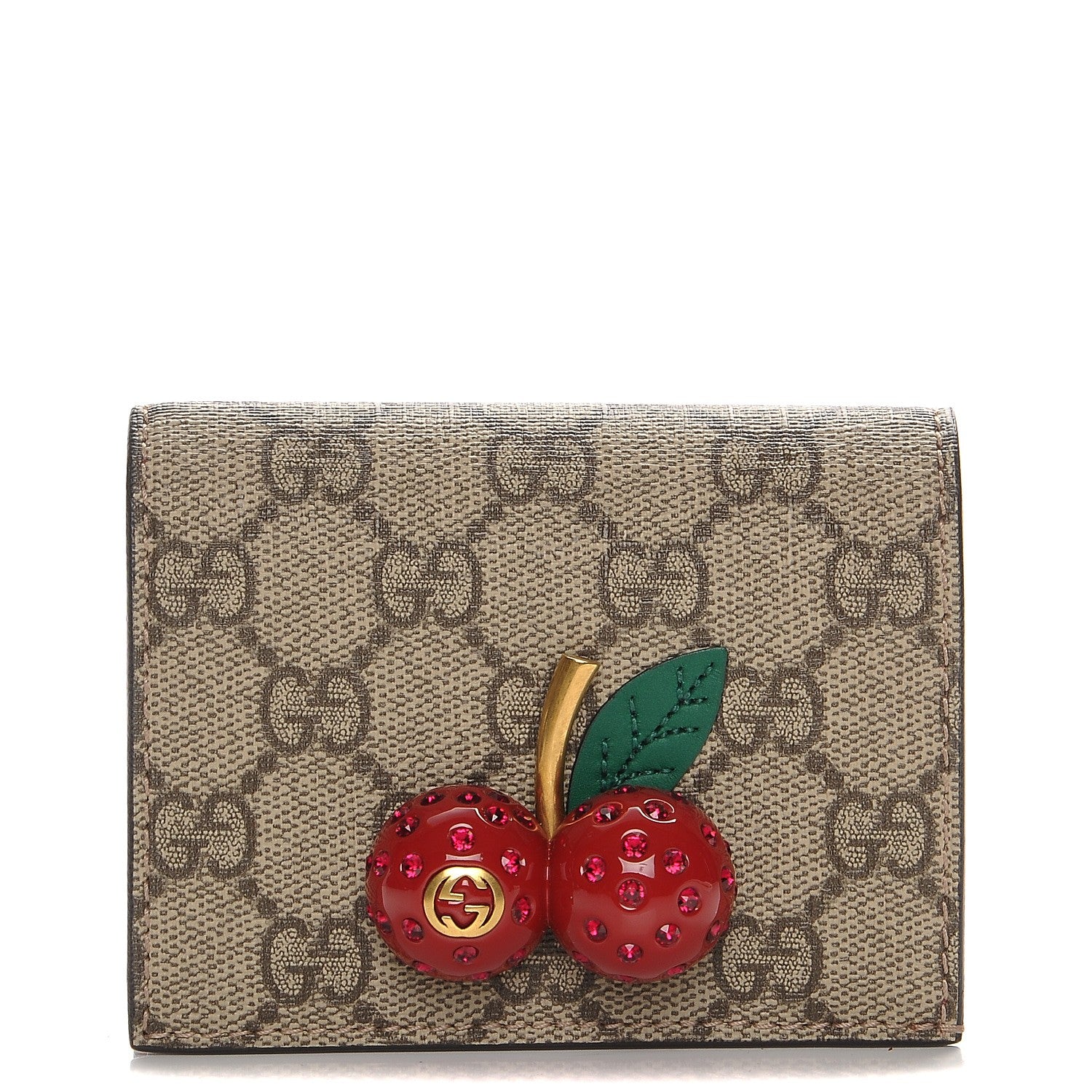 Gucci GG Supreme Monogram Cherry Embellished Card Case Wallet Hibiscus Red 1 of 8