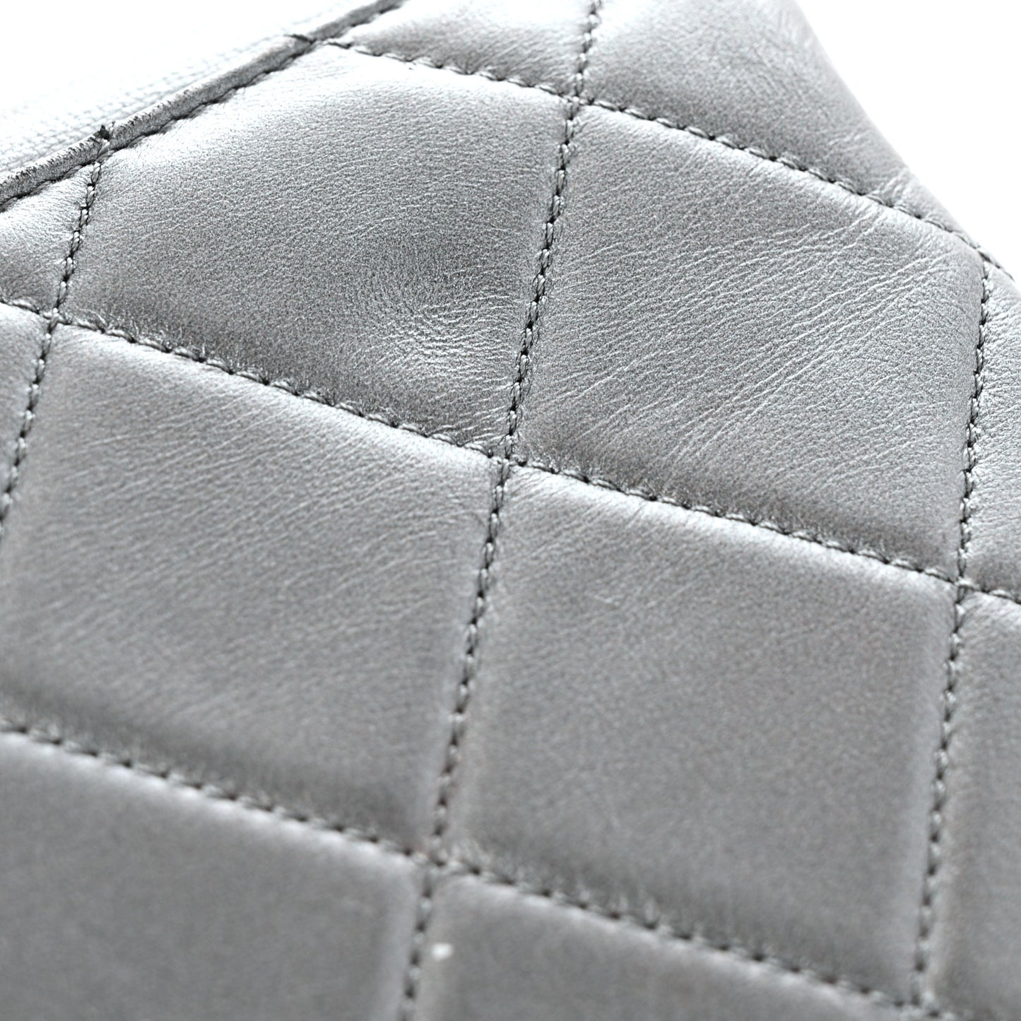 Metallic Lambskin Quilted Retro Label Clutch Charcoal Grey