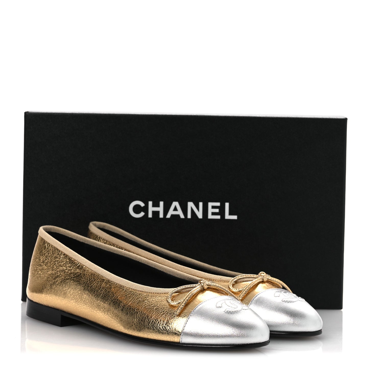 Metallic Crackled Laminated Calfskin CC Cap Toe Ballerina Flats 37.5 Gold Silver