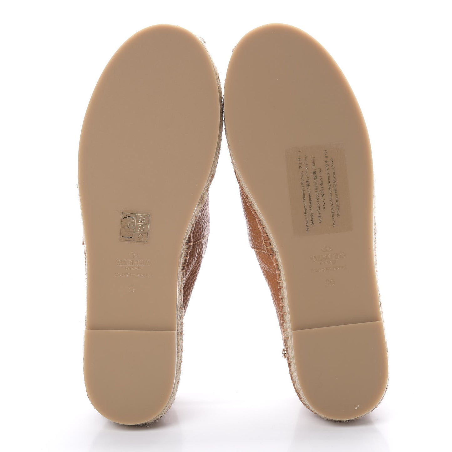 Grained Calfskin Feather Strap Espadrilles 39 Tan