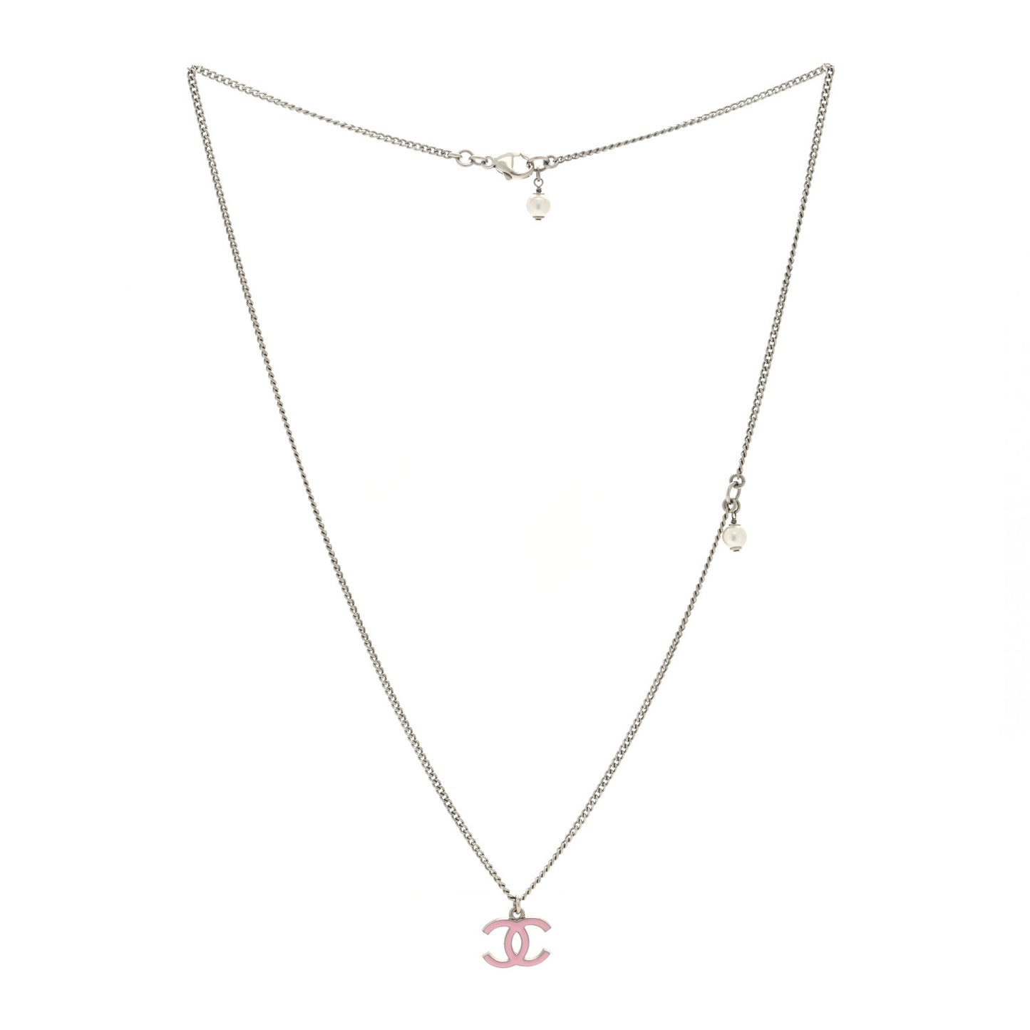 Crystal Pearl Enamel CC Pendant Necklace Pink Silver