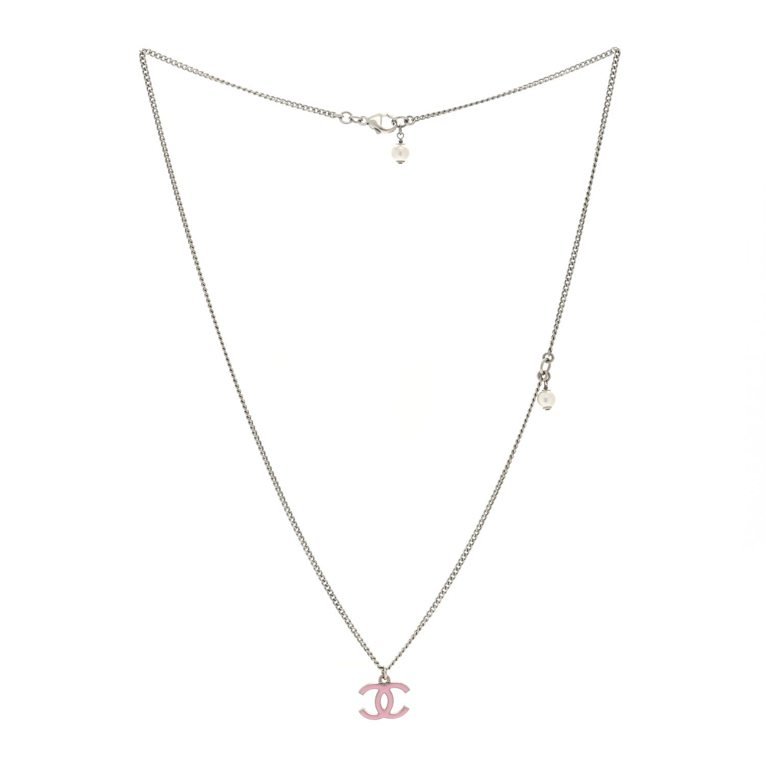 Chanel Crystal Pearl Enamel CC Pendant Necklace Pink Silver 2 of 4