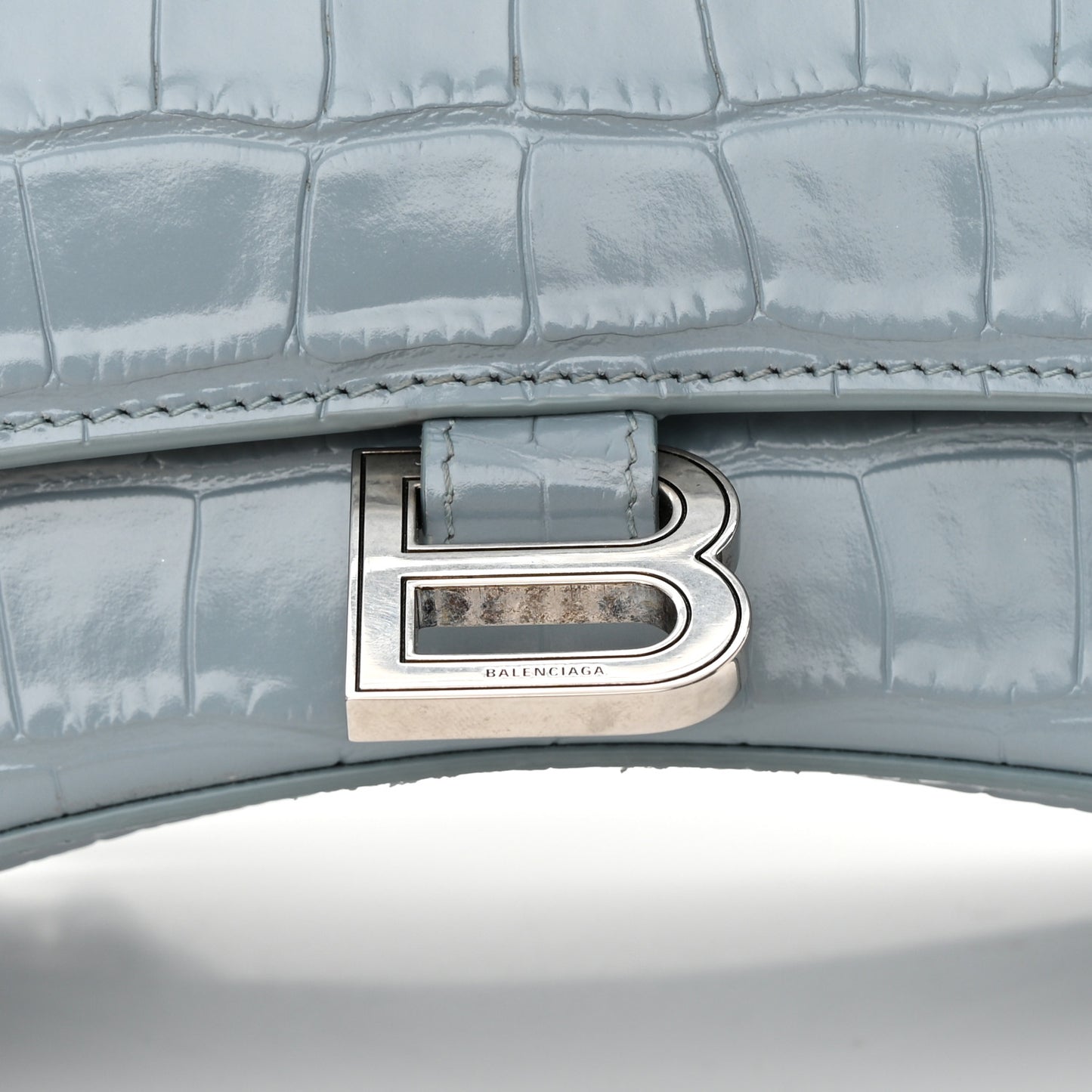 Shiny Calfskin Crocodile Embossed Small Hourglass Top Handle Bag Blue Grey