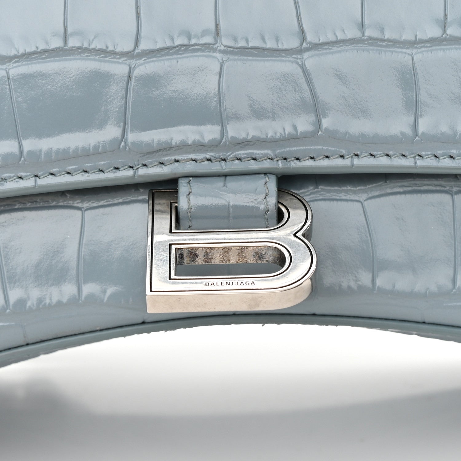 Balenciaga Shiny Calfskin Crocodile Embossed Small Hourglass Top Handle Bag Blue Grey 18 of 19