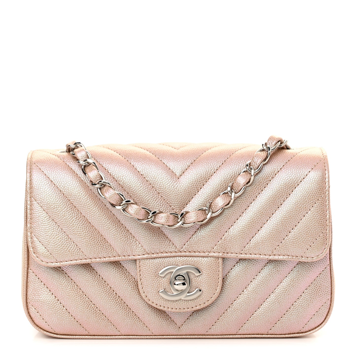 Iridescent Caviar Chevron Quilted Mini Rectangular Flap Light Gold