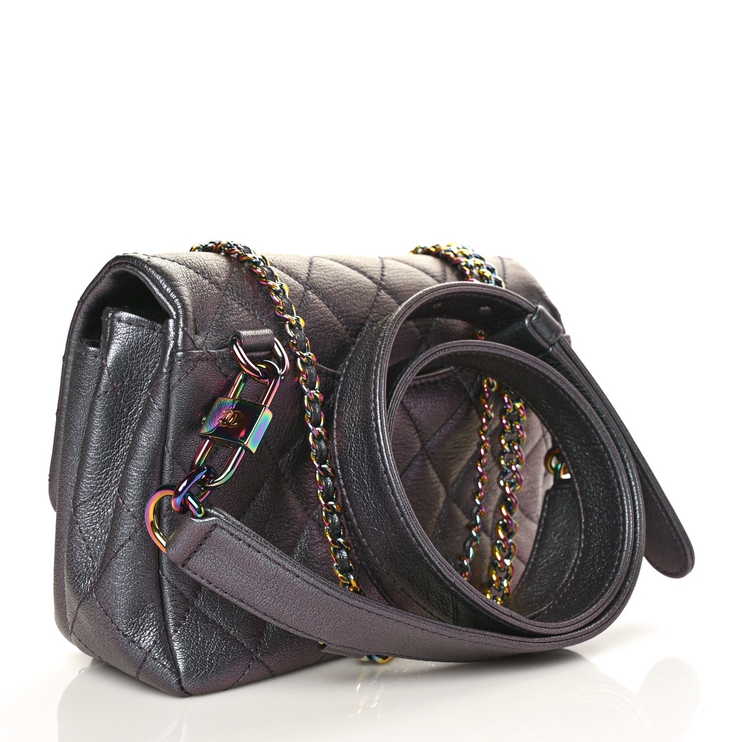 Chanel Iridescent Goatskin Quilted Small Double Carry Waist Chain Flap Purple 3 of 10