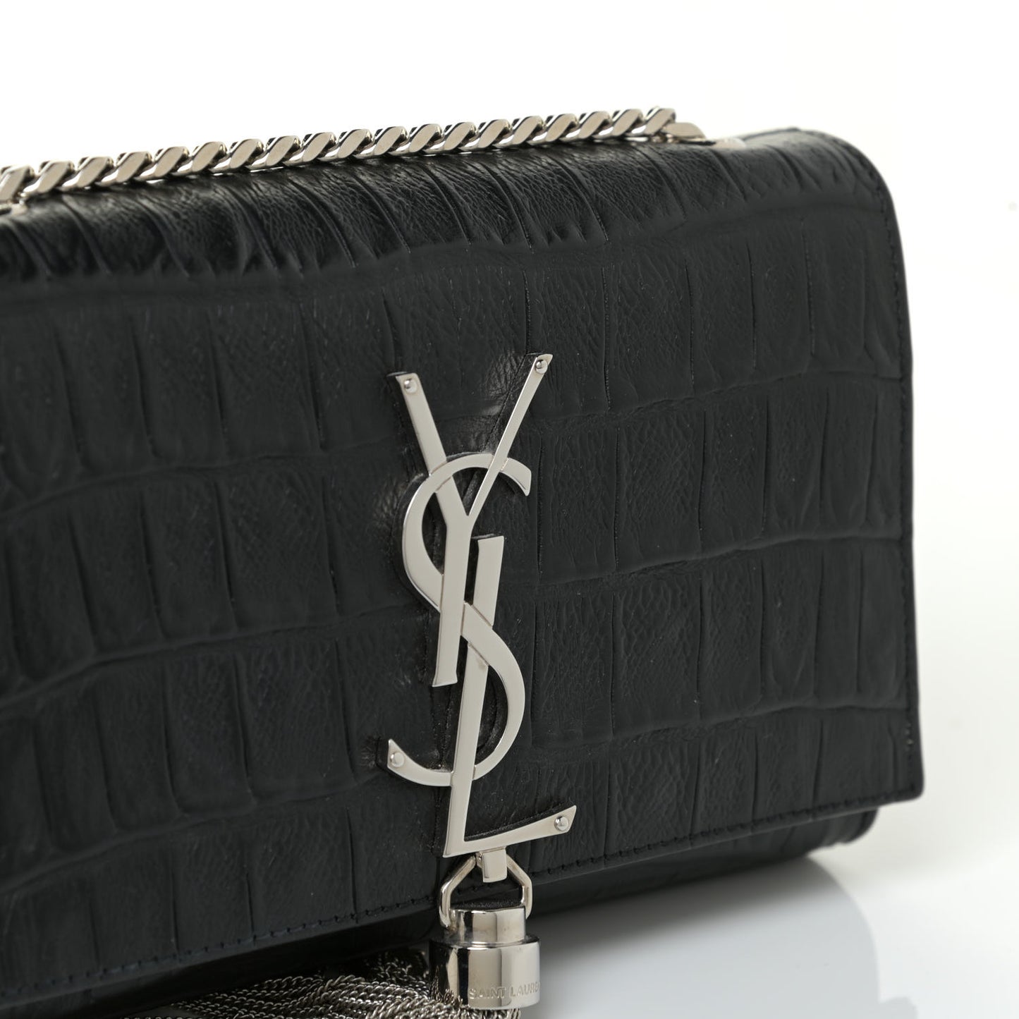 Calfskin Crocodile Embossed Monogram Small Kate Tassel Satchel Black