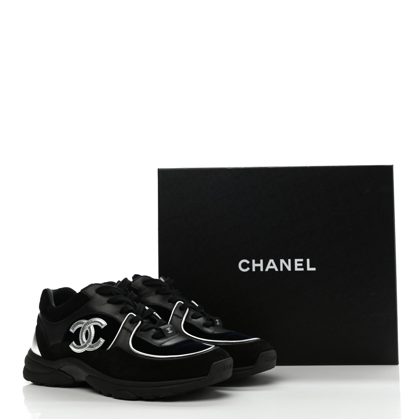 Suede Velvet Lambskin CC Sneakers 40 Black Blue Silver