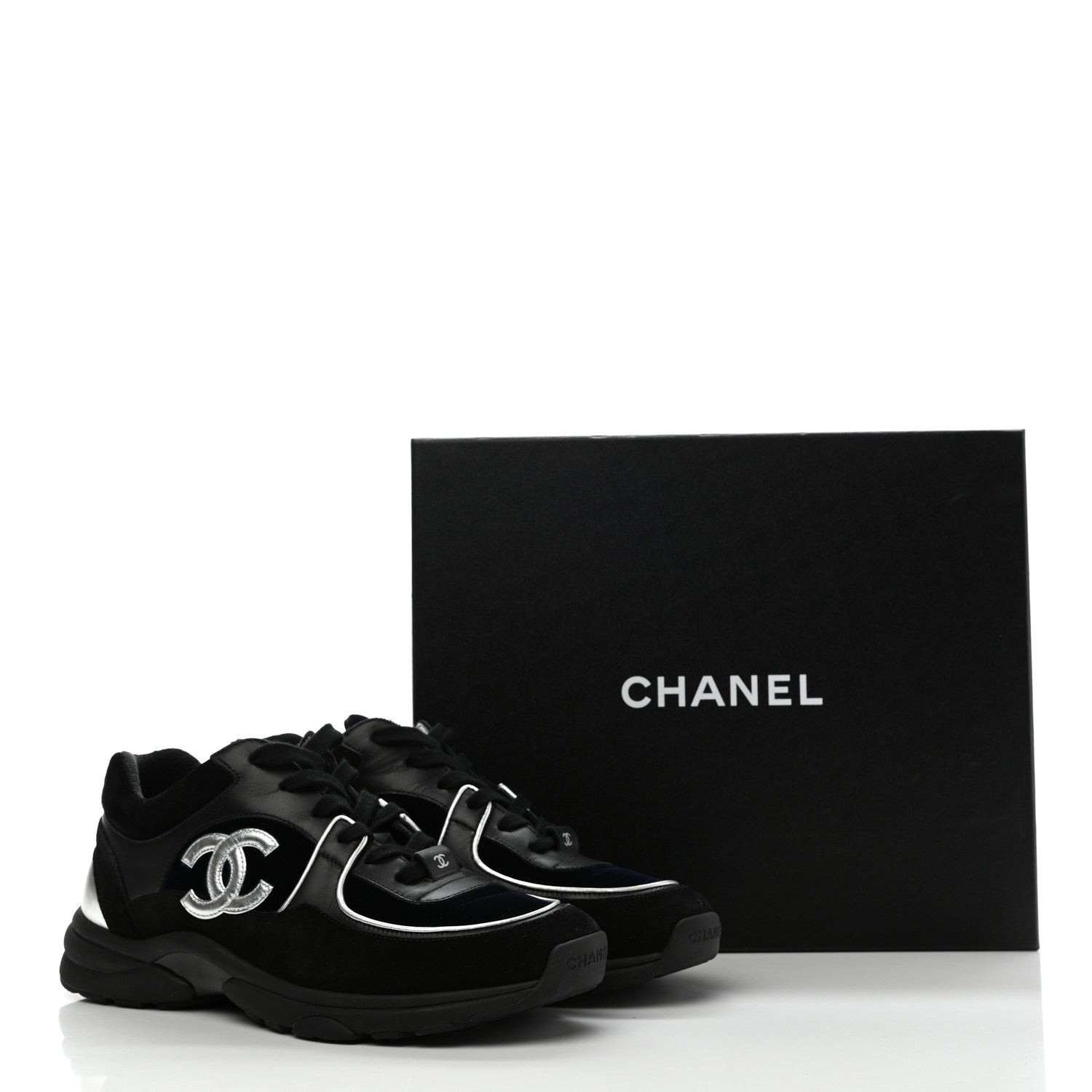 Chanel Suede Velvet Lambskin CC Sneakers 40 Black Blue Silver 9 of 9