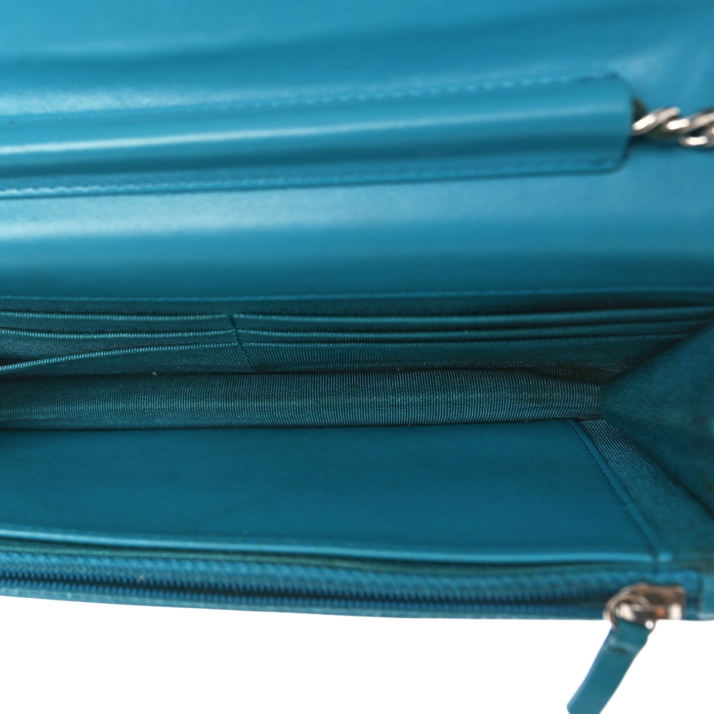 Patent Calfskin Chevron Quilted Wallet On Chain WOC Blue