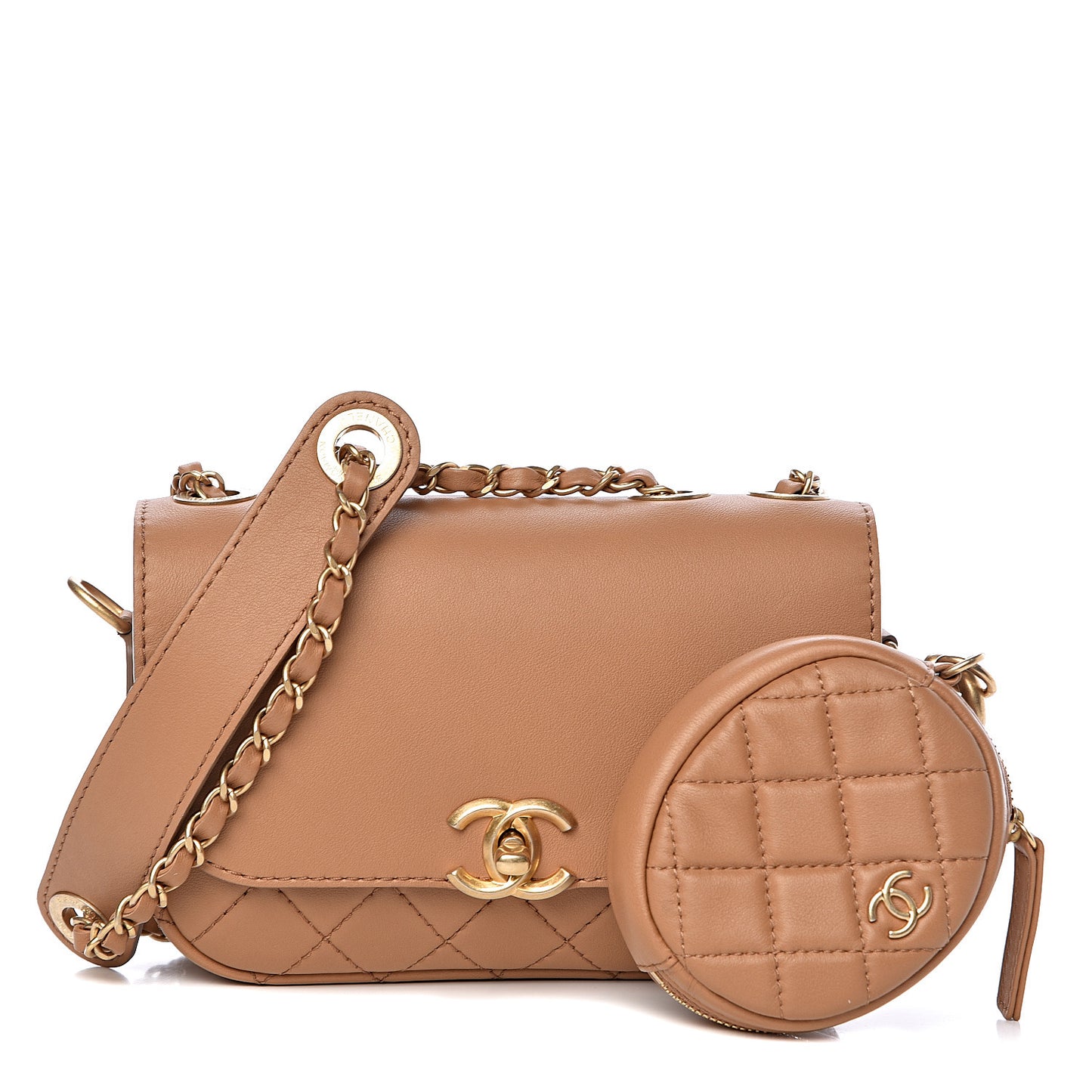Calfskin Quilted Flap And Coin Purse Light Brown