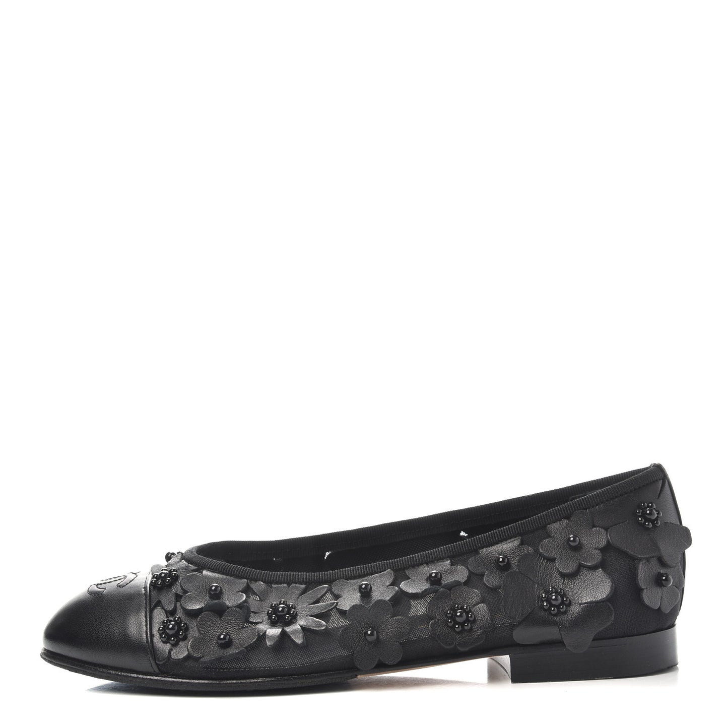 Canvas Lambskin Beaded Camellia Cap Toe Ballerina Flats 37 Black