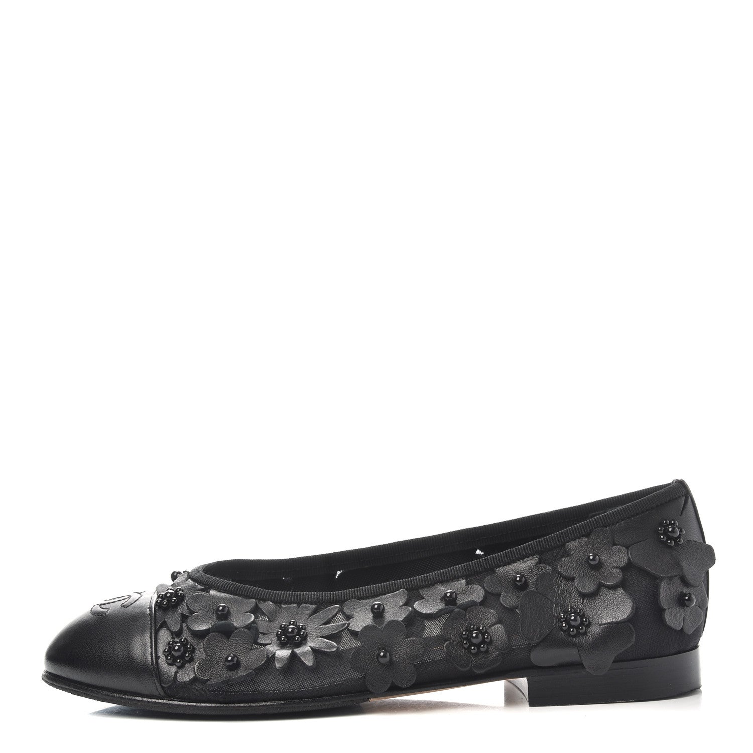 Chanel Canvas Lambskin Beaded Camellia Cap Toe Ballerina Flats 37 Black 1 of 9