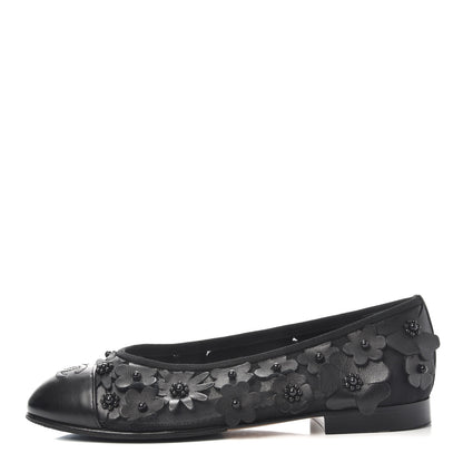 Chanel Canvas Lambskin Beaded Camellia Cap Toe Ballerina Flats 37 Black 1 of 9