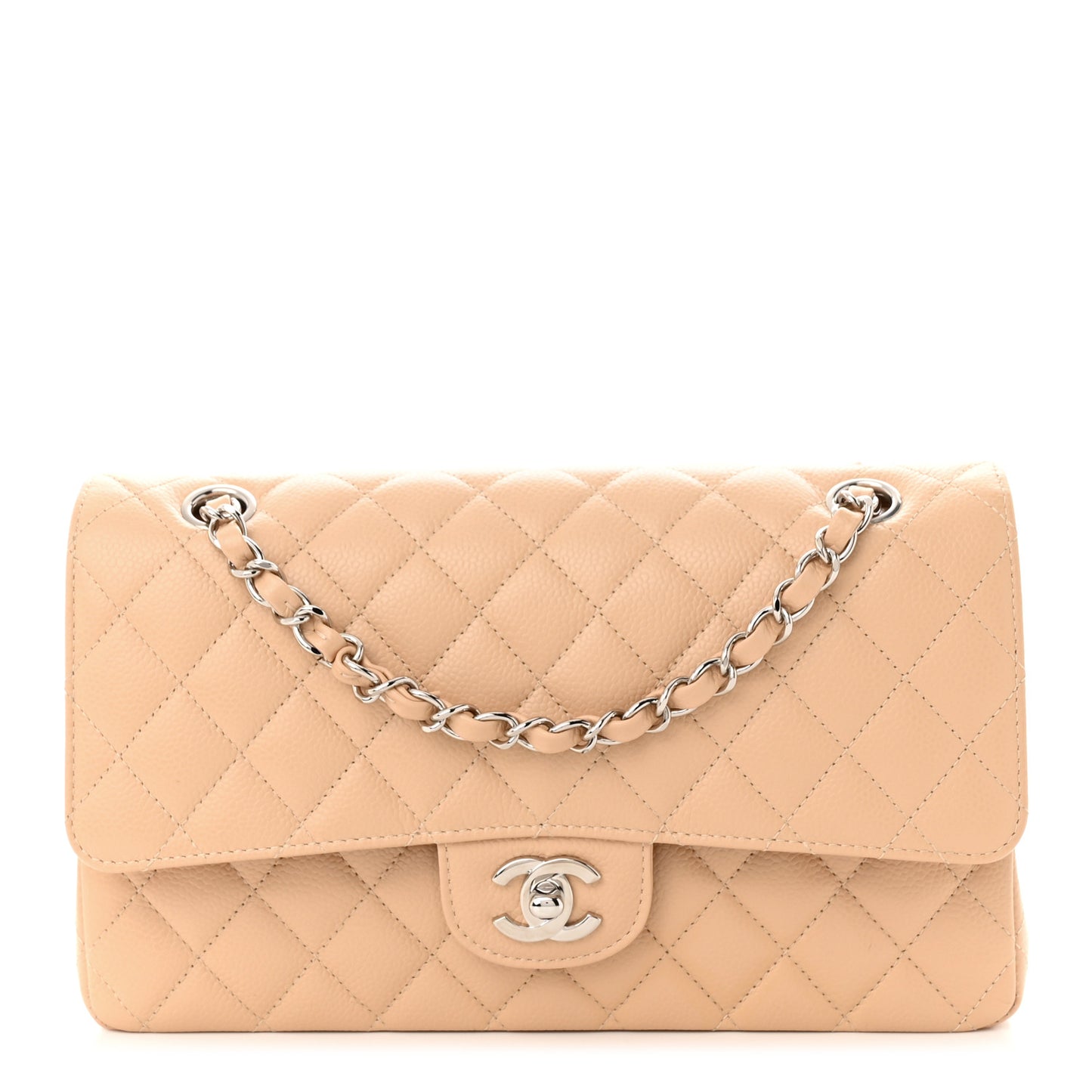 Caviar Quilted Medium Double Flap Beige