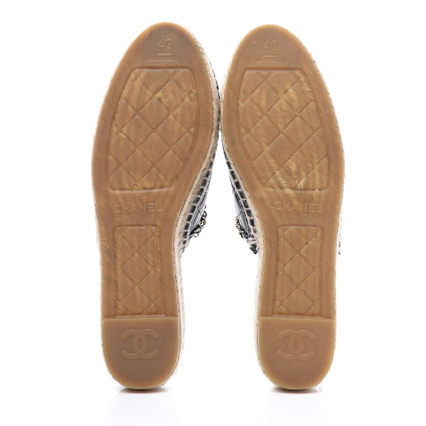 Lambskin Grosgrain Quilted CC Chain Espadrille Mules 40 Black