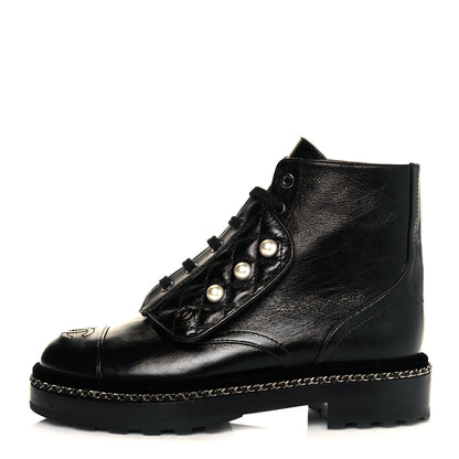 Chanel Crackled Calfskin Velvet Pearl Combat Short Boots 36.5 Black 1 of 7