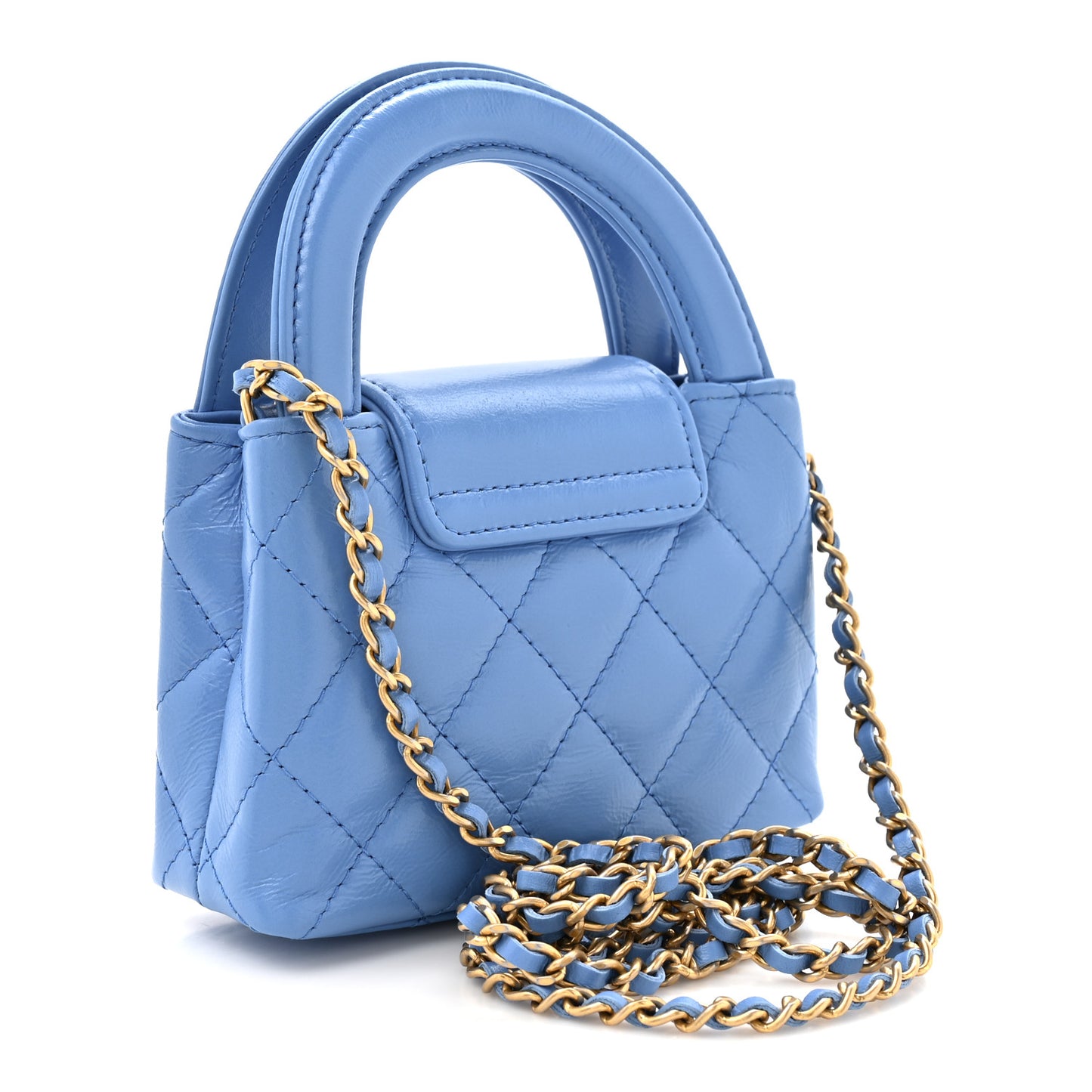 Shiny Aged Calfskin Quilted Mini Nano Kelly Shopper Blue