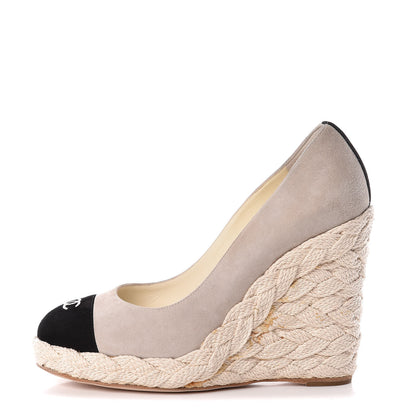 Chanel Suede Cap Toe CC Wedge Espadrilles 37 Grey Black 1 of 21