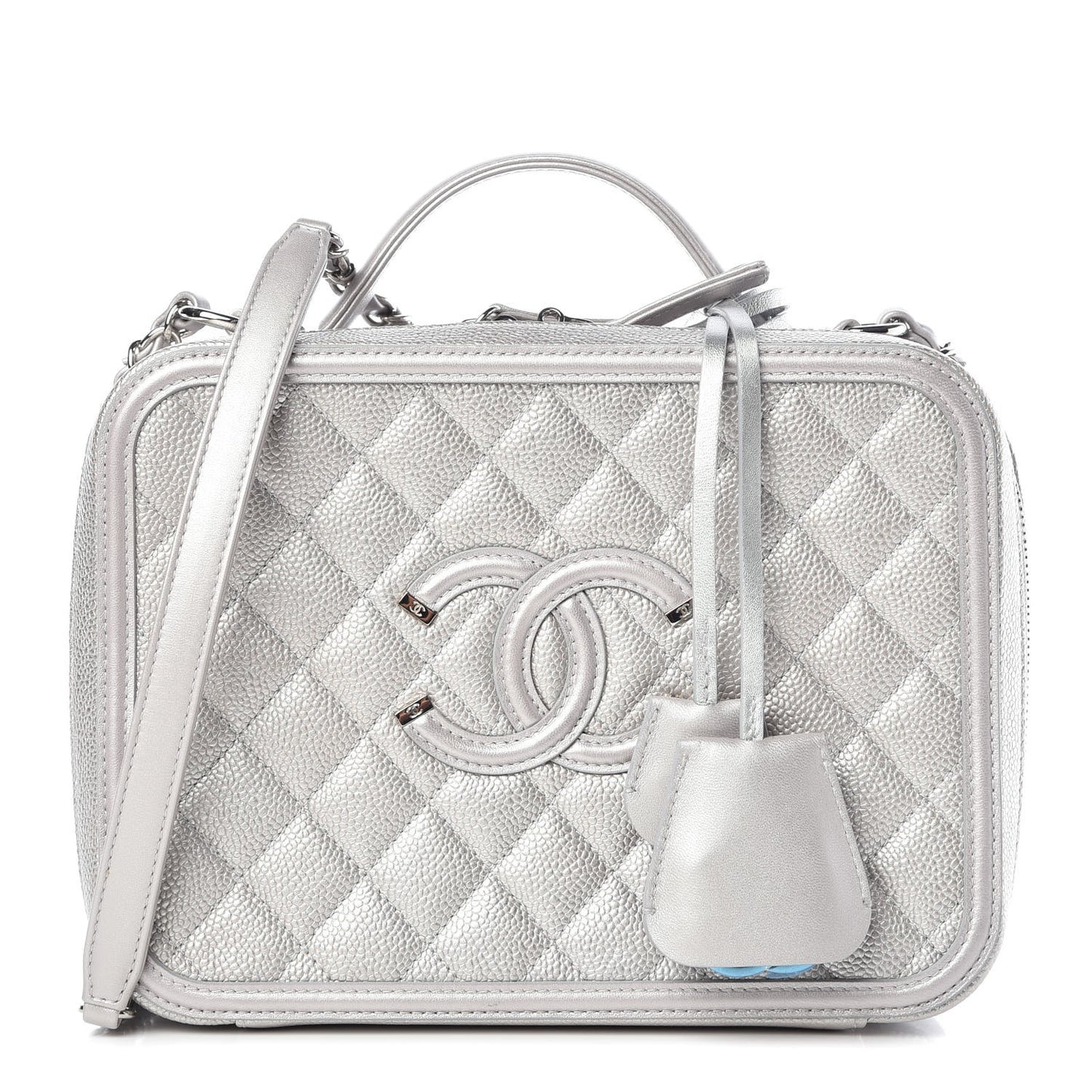 Metallic Caviar Quilted Large CC Filigree Vanity Case Silver