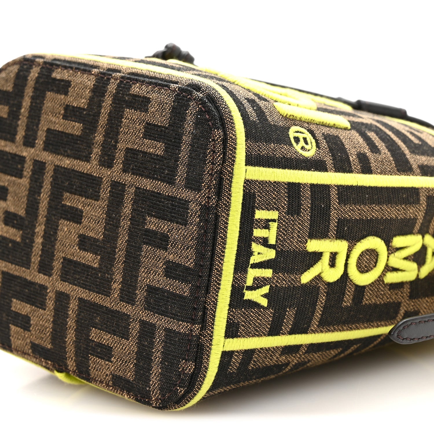 Fendi Fabric Jacquard Shiny Nappa FF 1974 Logo Threaded Edge Mini Mon Tresor Bucket Bag Tobacco Moro Giallo Fluo 8 of 9
