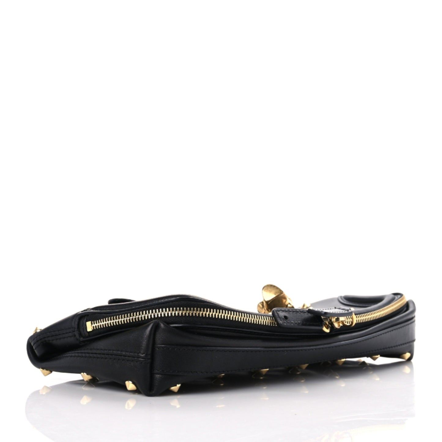 Grainy Calfskin Studded Padlock Skull Clutch Black