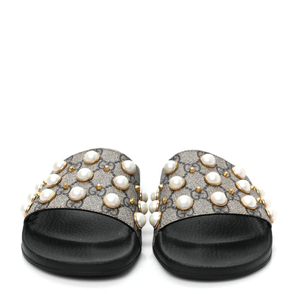 Gucci GG Supreme Monogram Pearls Slide Sandals 38 Beige 2 of 8