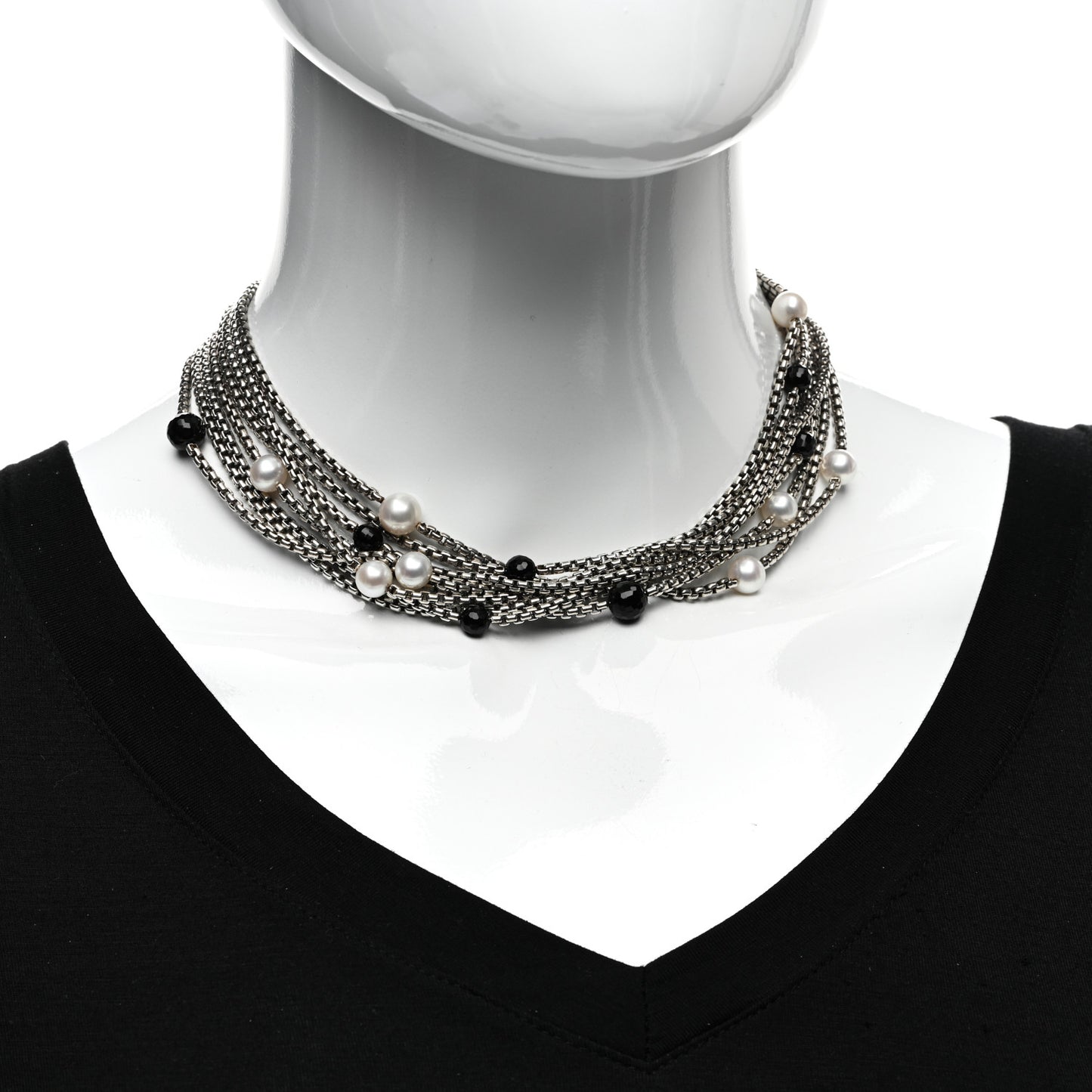 Sterling Silver 18K Yellow Gold Pearl Black Onyx Multi Strand Necklace
