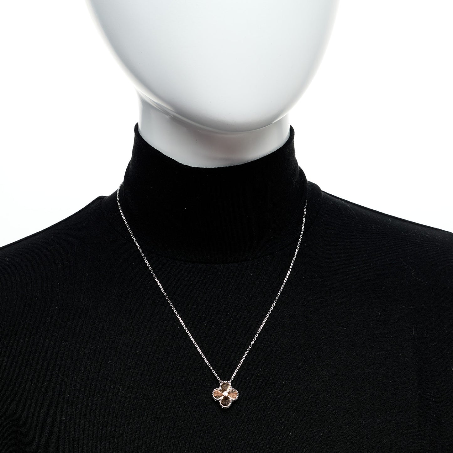 18K White Rose Gold Diamond Guilloche Vintage Alhambra Pendant Necklace