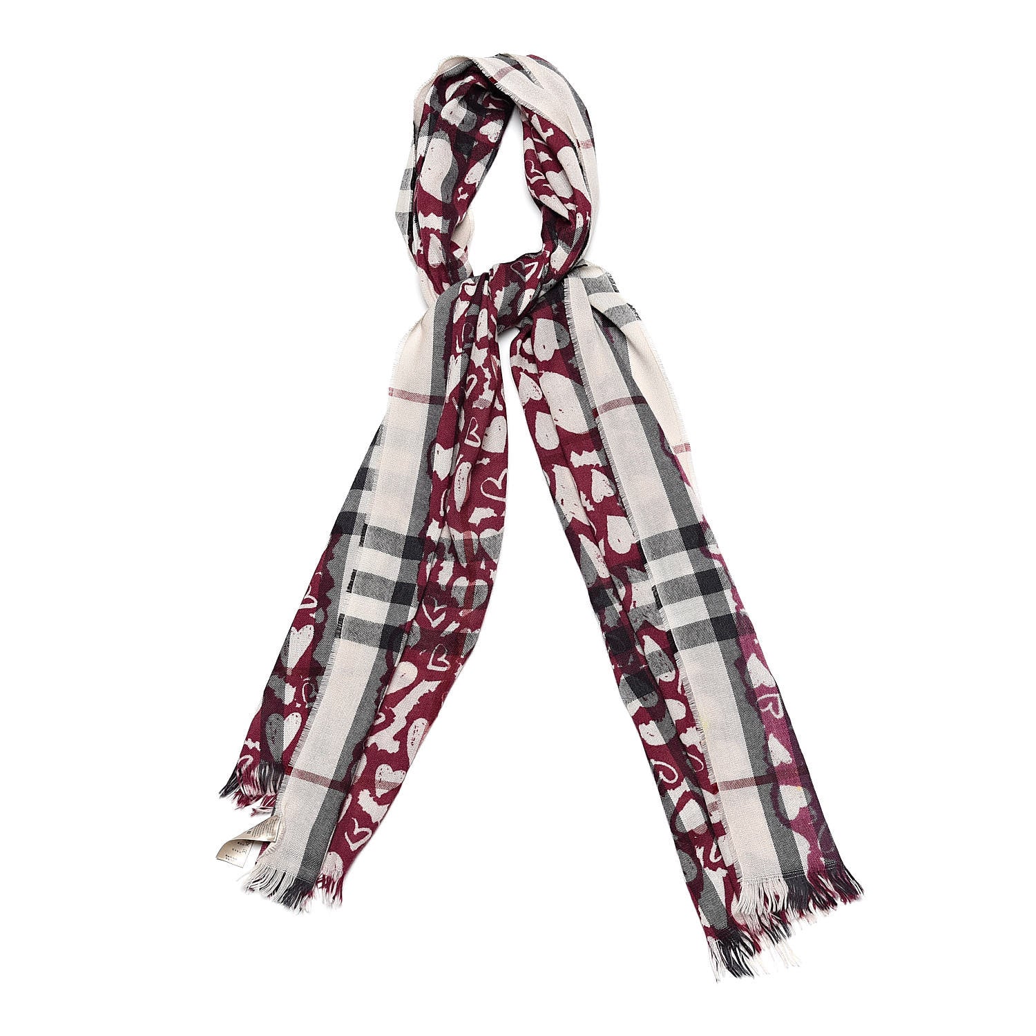 Burberry Wool Cashmere Painted Heart Print Nova Check Lightweight Scarf 1 of 5