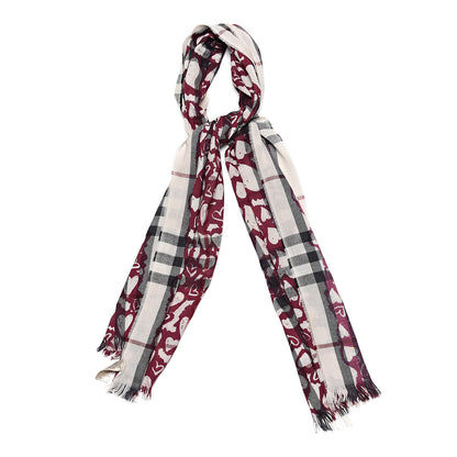 Burberry Wool Cashmere Painted Heart Print Nova Check Lightweight Scarf 1 of 5