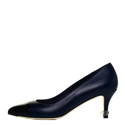 Chanel Lambskin Pearl Cap Toe Pumps 37 Navy Blue Black 1 of 10